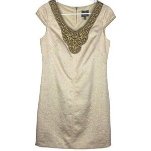 Adrianna Papell Dress Womens Size 4 Beige Short Sleeve V-neck Beaded Dress